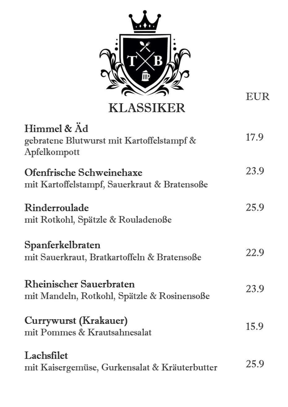 Tim's Brauereiausschank am Zoo - Speisekarte