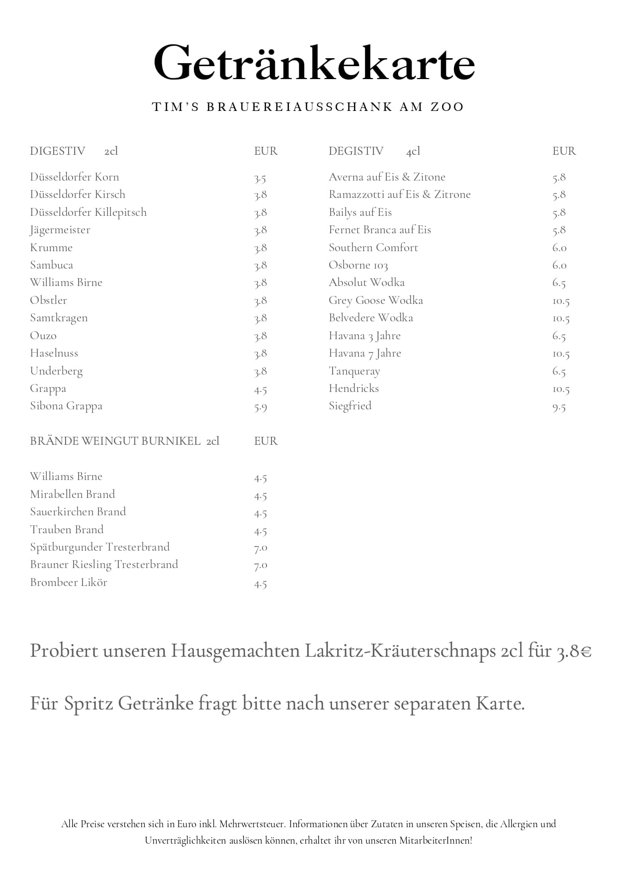 Tim's Brauereiausschank am Zoo - Getränkekarte