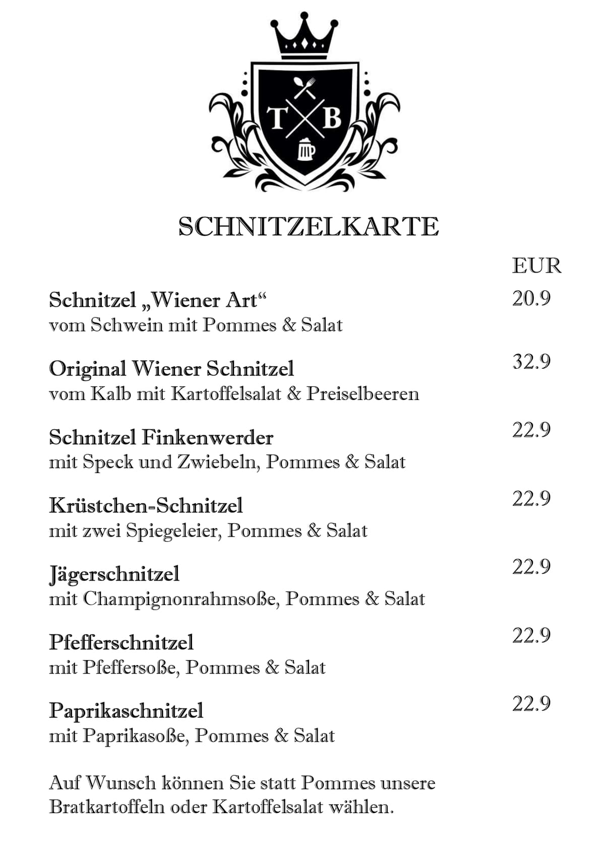 Tim's Brauereiausschank am Zoo - Speisekarte