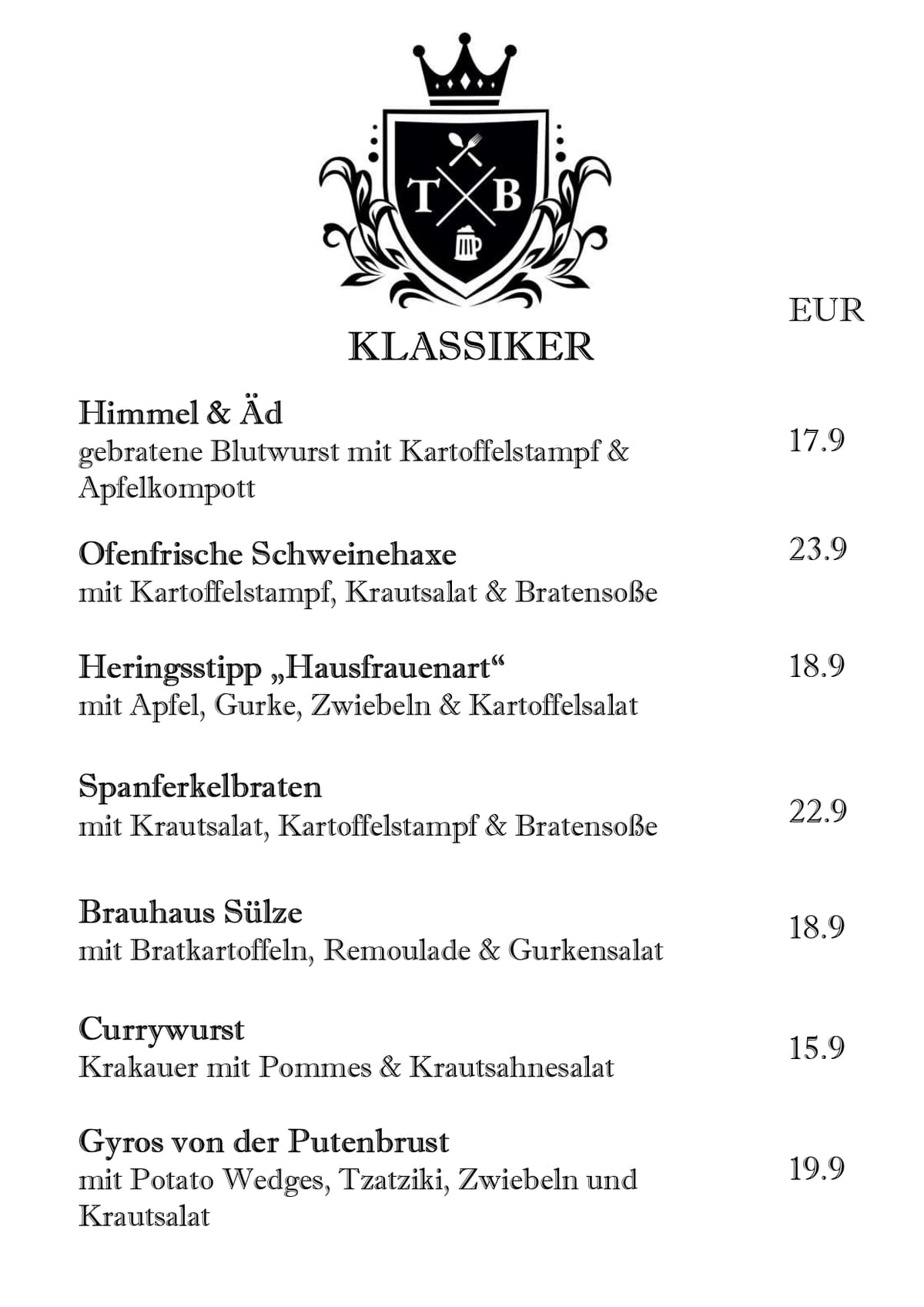 Tim's Brauereiausschank am Zoo - Speisekarte