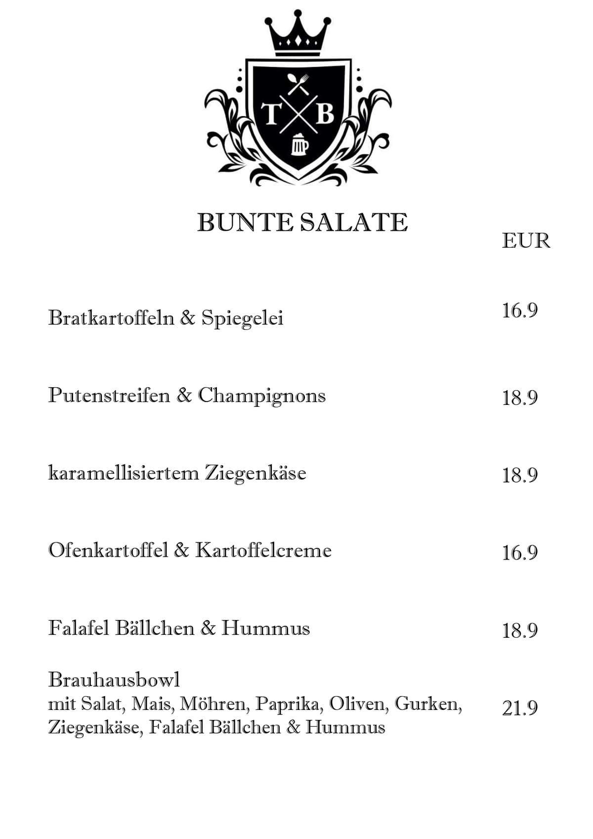 Tim's Brauereiausschank am Zoo - Speisekarte
